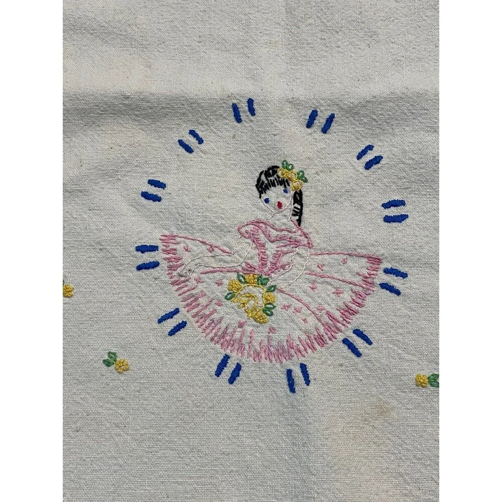 Vtg. Table Runner W/ Girl- Pink Hand Embroidered Cotton 14 X 36”